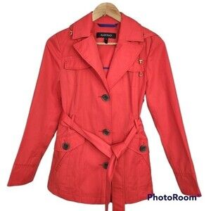 Ellen Tracy Rain Jacket  with Hood Womens Size PS  Orange Tie Belt fall